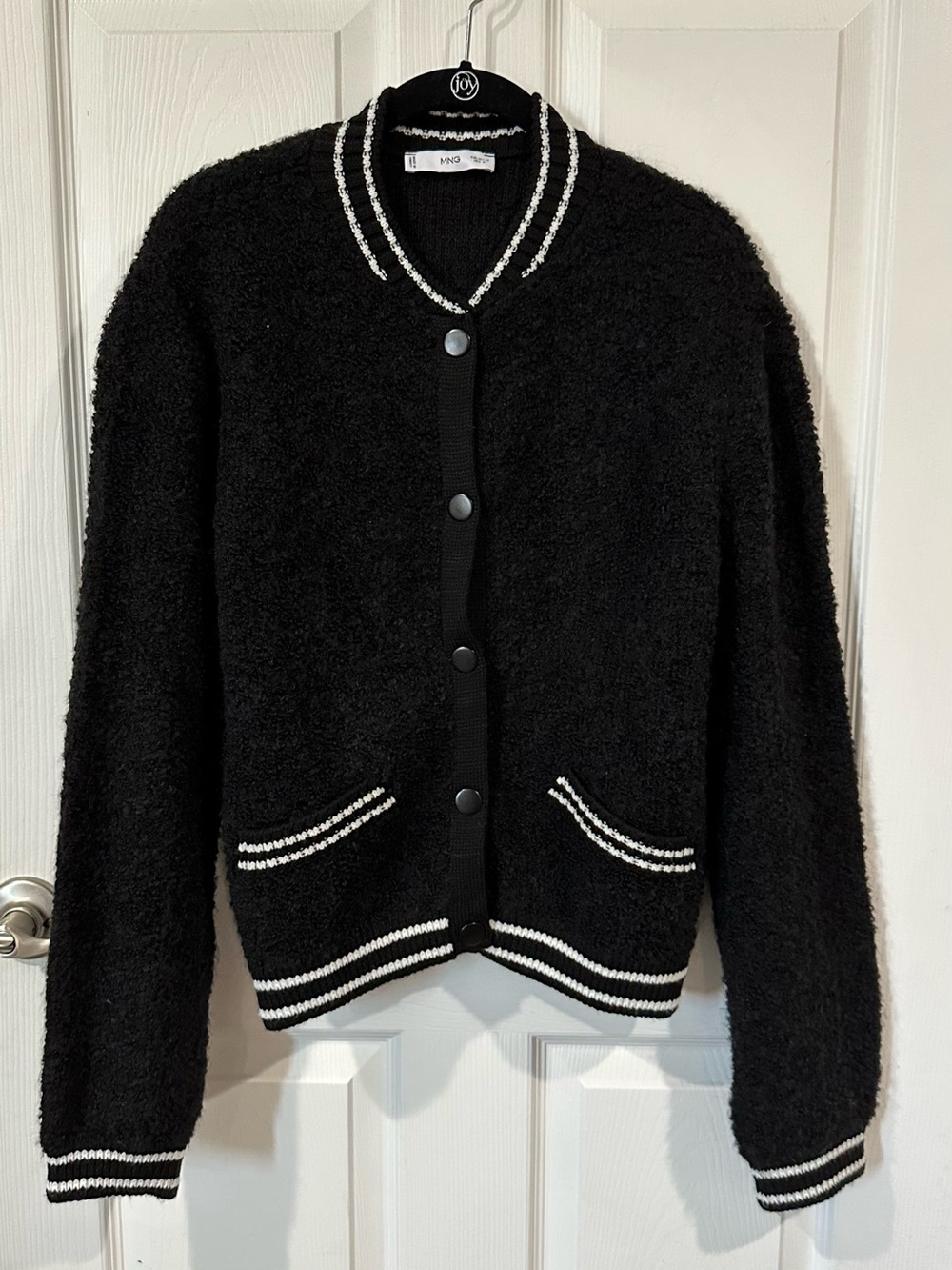 Mango Black Bouclé Bomber Jacket with White Stripe Trim